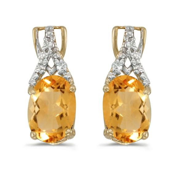 10k Yellow Gold Oval Citrine And Diamond Earrings