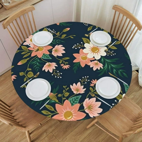 Round Fitted Tablecloth with Elastic Blooming Pink Flowers Round Outdoor Tablecloths Fitted Table Covers for Round Tables Waterproof Reusable Vinyl Table Cloth for Indoor and Outdoor 44"-48"