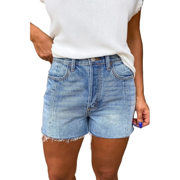 Women's High Waist Raw Hem Denim Shorts – Beau Blue Acid Wash Jean Shorts, Casual Summer Wear, 16