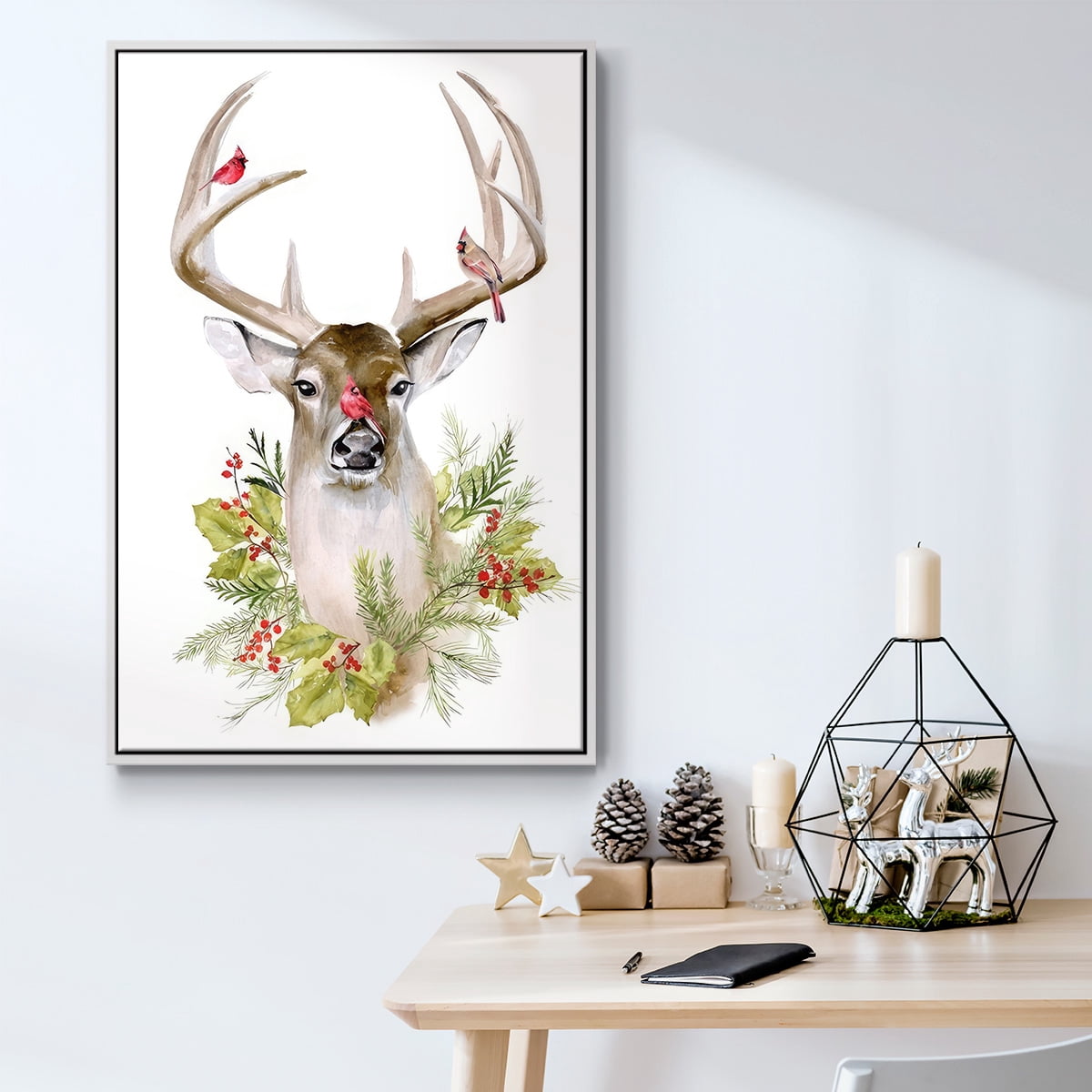 Holiday Deer Collection B - Framed Gallery Wrapped Holiday Canvas - 27 x 41 - White Frame