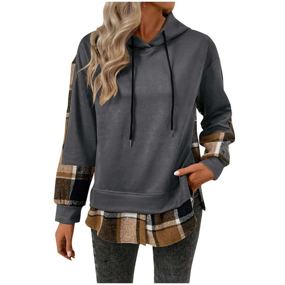 Womens Patchwork Hoodies Buffalo Plaid Sweatshirts Casual Side Splits Hooded Long Sleeve Drawstring Pullover Tops Fashion Fake Two Pieces