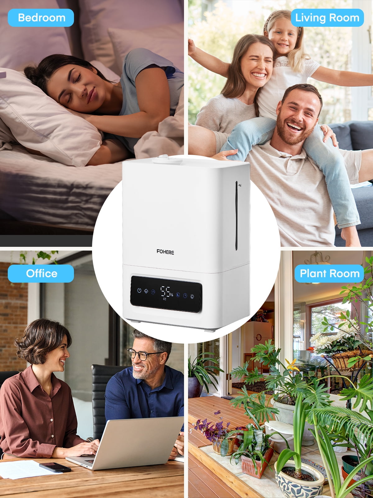 FOHERE 6L Humidifier Large Room, Cool Mist Humidifiers for Bedroom Home, 60H Ultra-Quiet Runtime for Baby, Plants, Smart Humidity Sensor, Fast Symptom Relief, 16H Timer, Oil Diffuser, White