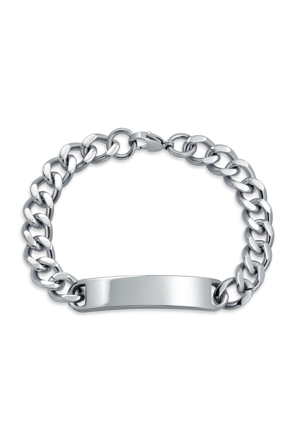 Mens Men's Name Plate ID Bracelet Curb Cuban Link Silver Stainless Steel 8.5"