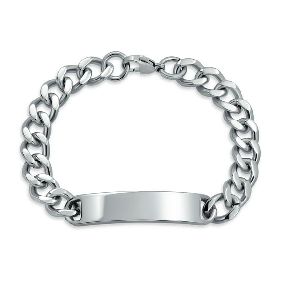 Bling Jewelry Mens Silver Tone Cuban Link Chain ID Bracelet for Men Stainless Steel Various Sizes