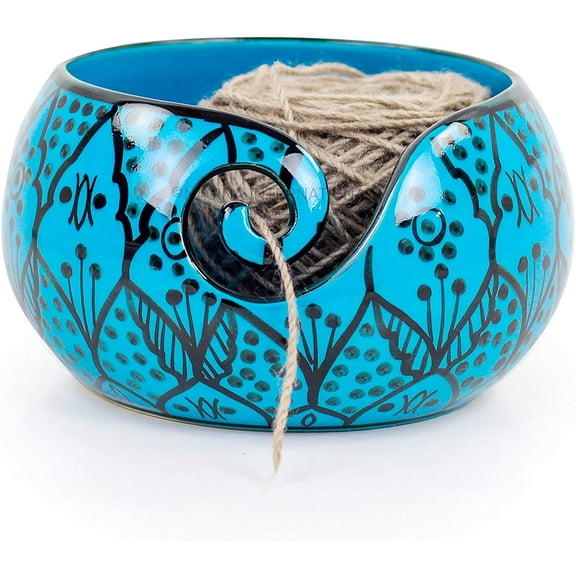 Nagina International Ceramic Attractively Hand Painted Gorgeous Stoneware Yarn Ball Storage Bowl with Innovative Dispensing Curl | Knitting & Crochet Accessions (Large, Greek Blue)