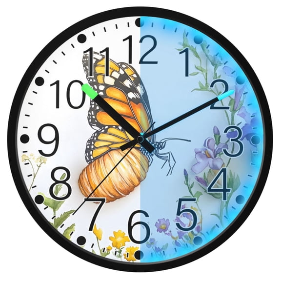 Ryvnso Butterflies Flowers 12 Inch Night Light Wall Clock Silent Battery Operated Luminous Clocks