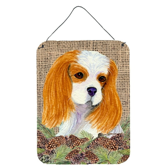 Cavalier Spaniel on Faux Burlap with Pine Cones Wall or Door Hanging Prints