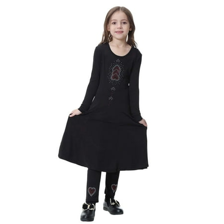HXWCHs Elegant Traditional Girls Ethnic Celebration Outfit Set Long Sleeve Layered Dress and Matching Trousers Full Length Design 3-4 Years Black