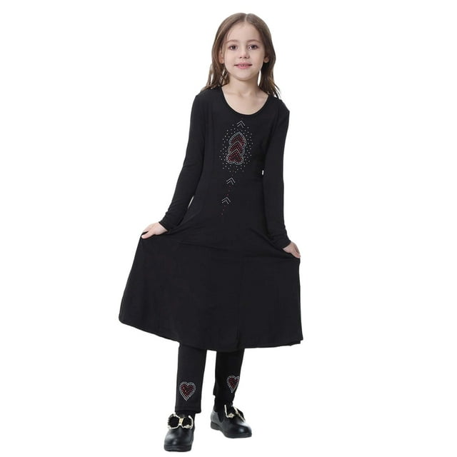 Ensemble de Robes Ethniques Élégantes pour Filles avec Manches Longues Design Superposé pour Célébration et Tenue Décontractée Robe Longue avec Pantalons Coordonnés pour 2-11 Ans Style Traditionnel Tenue Confortable Quotidienne
