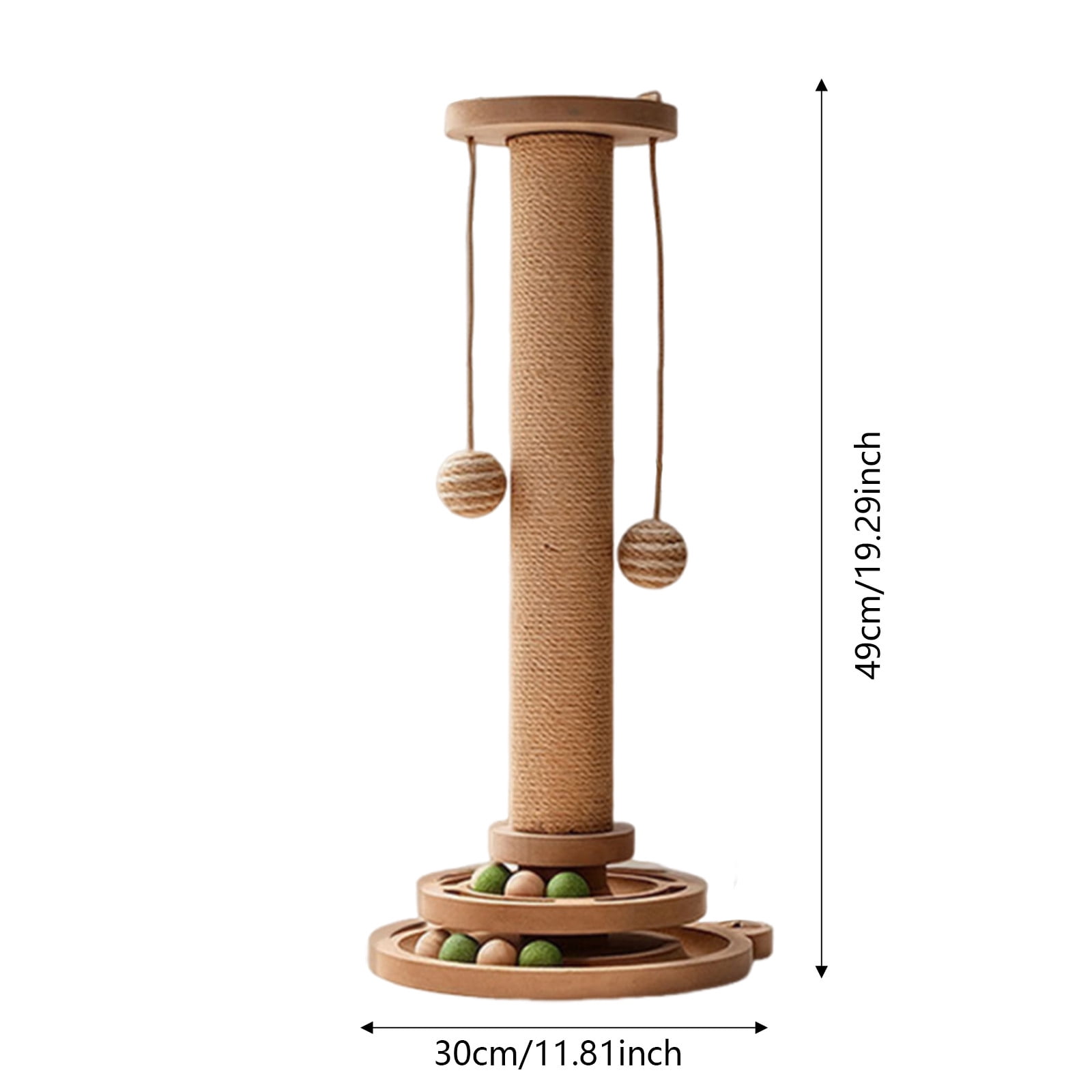 Cat Scratching Post, 1 Wooden Cat Scratcher Toy, Tall Scratch Post with 2 Level Cat Track Balls, Interactive Feather Toy and 2 Sisal Hanging Balls for Indoor Kittens, Adult Cats (49x30x30cm)