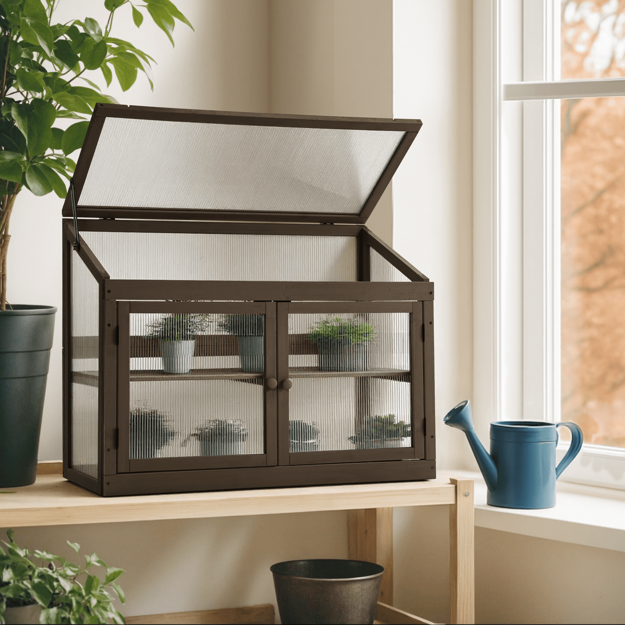 Mcombo 2-Tier Wooden Cold Frame Garden Greenhouse Raised Flower Planter Shelf Bed Protection 0160