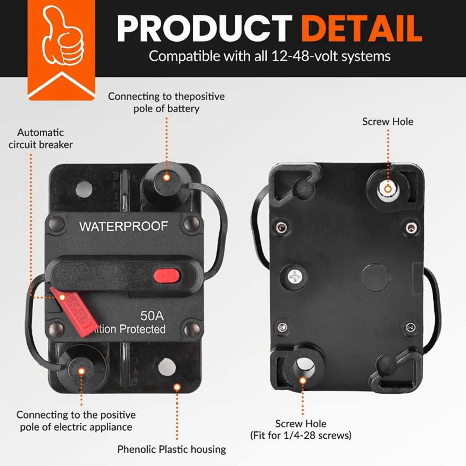 2X 50 Amp Automotive Circuit Breaker with Manual Reset, Waterproof Fuse Holder for Trolling Motors, Boats and Automotive