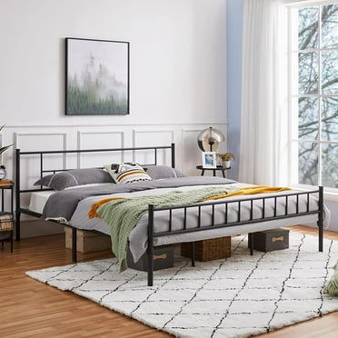 13 inch California King Size Metal Bed Frame with Headboard and Footboard Platform Bed Frame with Storage No Box Spring Needed Mattress Foundation Black