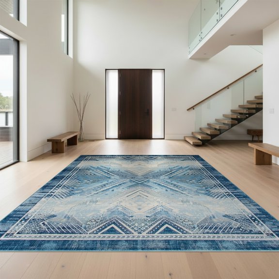 Design&I 8'x10' Washable Area Rug Washed Herringbone Vintage Faded Interlocking Geometric Boho for Dining Room, Large Office, Lounge, Snag-Free