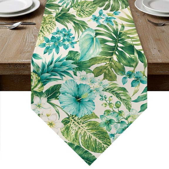 Boho Coastal Botanical Table Runner Linen Burlap Table Runner 72 Inches Long Summer Tropical Monstera Leaf Flowers Dresser Scarves for Kitchen Island Coffee Dining Room Party Holiday Decor 18"x72"