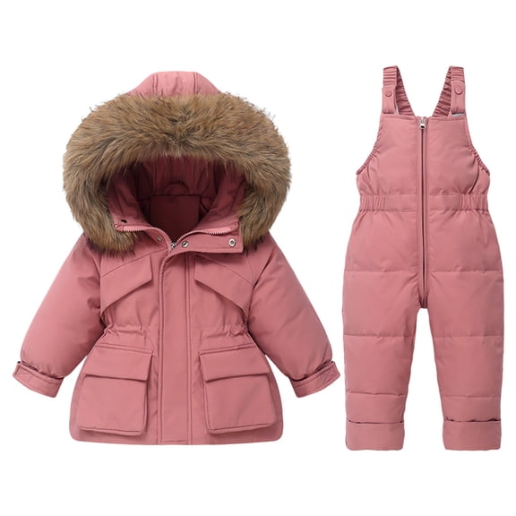 HIPYLO Toddler Snowsuit Infant Newborn Kids Girls Fluffy Hooded Winter Coat and Bib Overalls Set Warm Outdoor Padded Suit Baby Winter Clothes Windproof Ski Outerwear