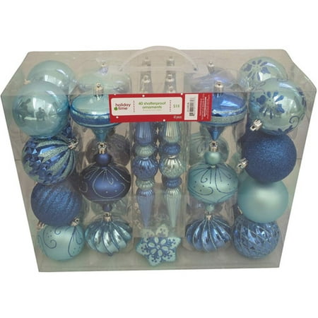 Holiday Time 40-Count Shatterproof Christmas Ornament Set, Teal/Blue