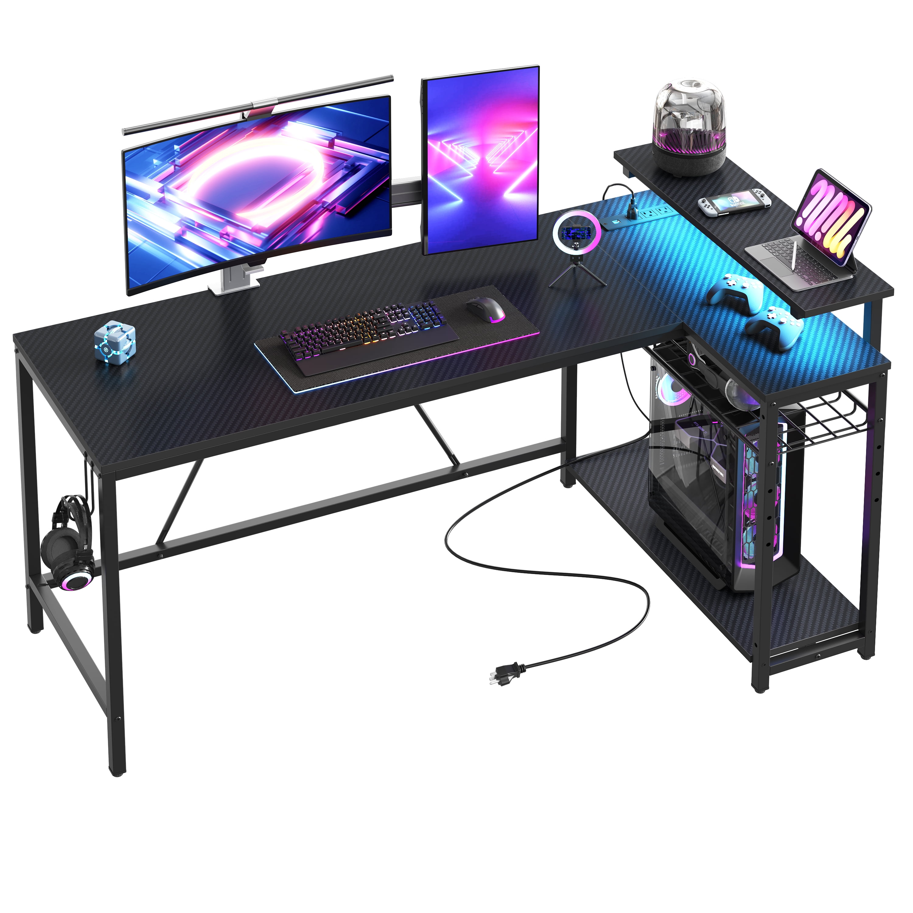 Bestier 58" Gaming Desk with LED Lights L Shaped Desk with Power Outlet & Monitor Stand Corner Computer Desk in Carbon Fiber