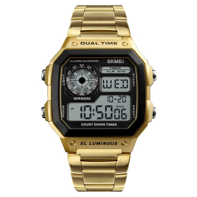 SKMEI SKMEI Men's 5ATM Waterproof Digital Sports Watch with Stainless Steel Band, Multi-Function Display, and Backlight in Gold
