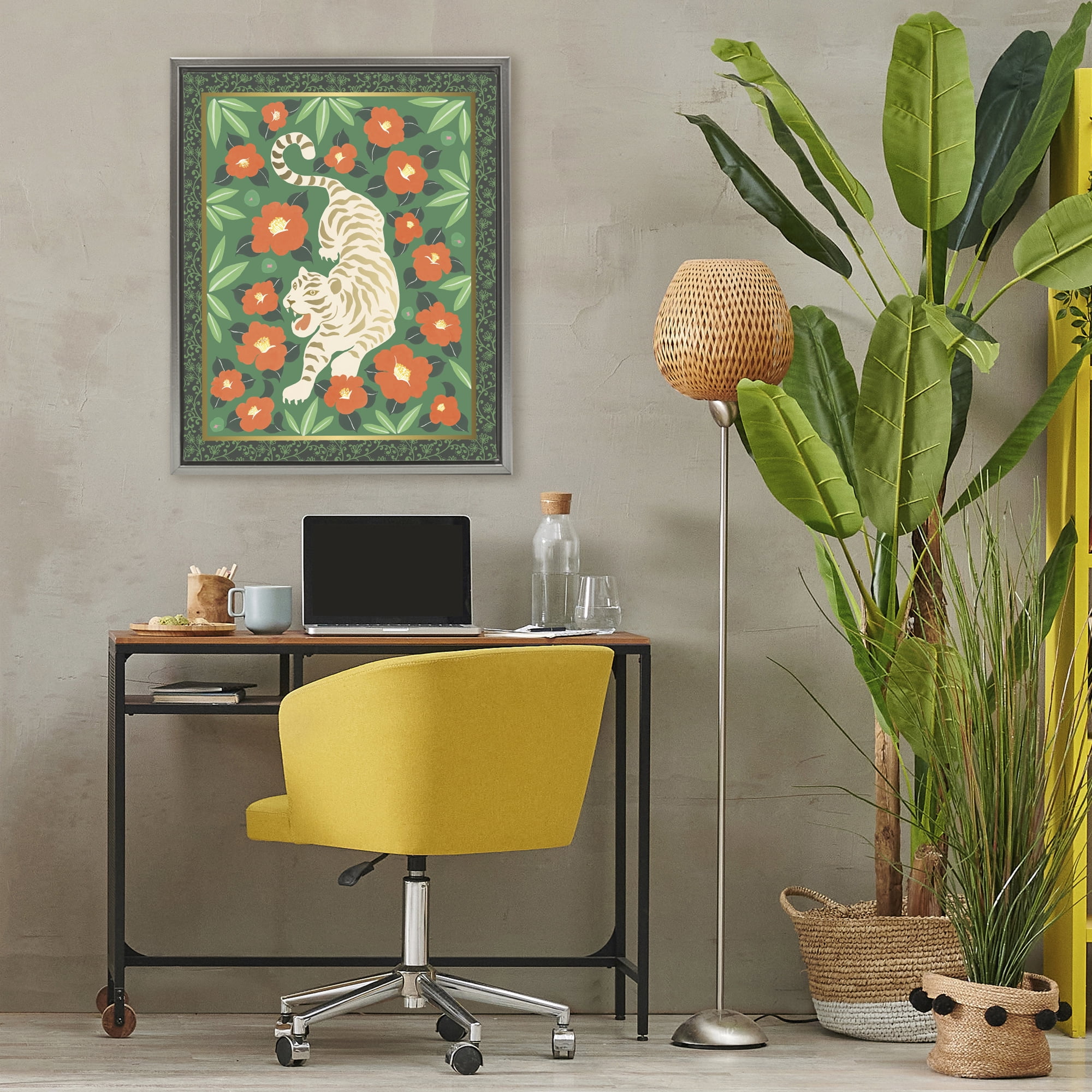 Stupell Industries Eclectic Tiger & Hibiscus Gray Framed Floater Canvas Wall Art, design by Karolina Sato
