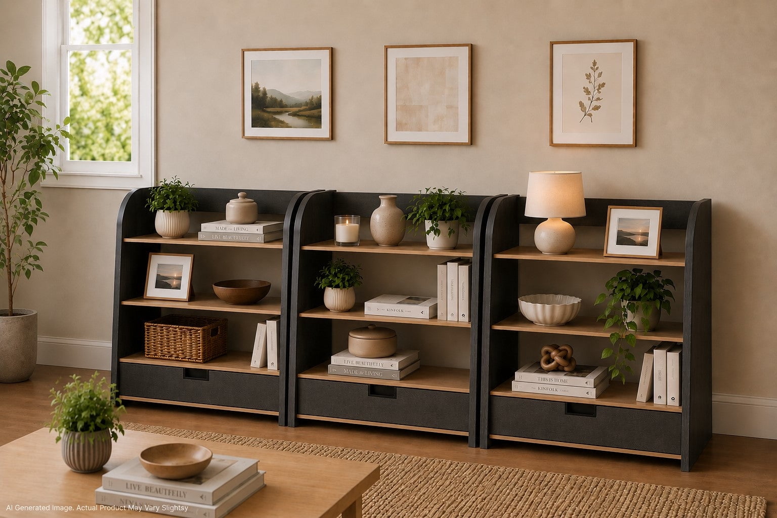 OSHome Modular Storage Bookshelf with 3 Shelves and Drawer – Black Woodgrain Laminate