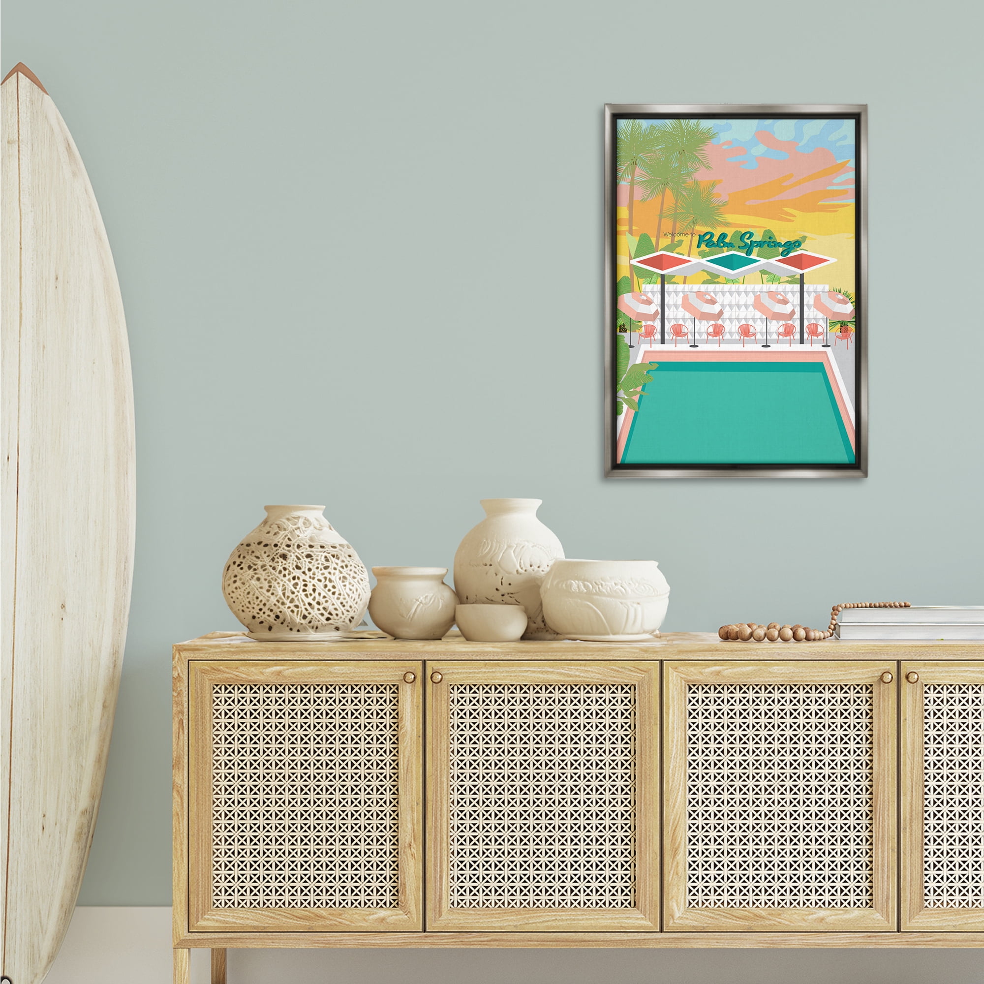 Stupell Industries Palm Springs Pool Time Landscape & Nature Painting Gray Floater Framed Canvas Art Print Wall Art, 21 x 31