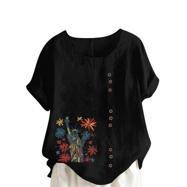 Vestidos Casuales Para Mujer, Blusas De Mujer De Moda Blusa informal de lino con botones y manga corta estampada para mujer