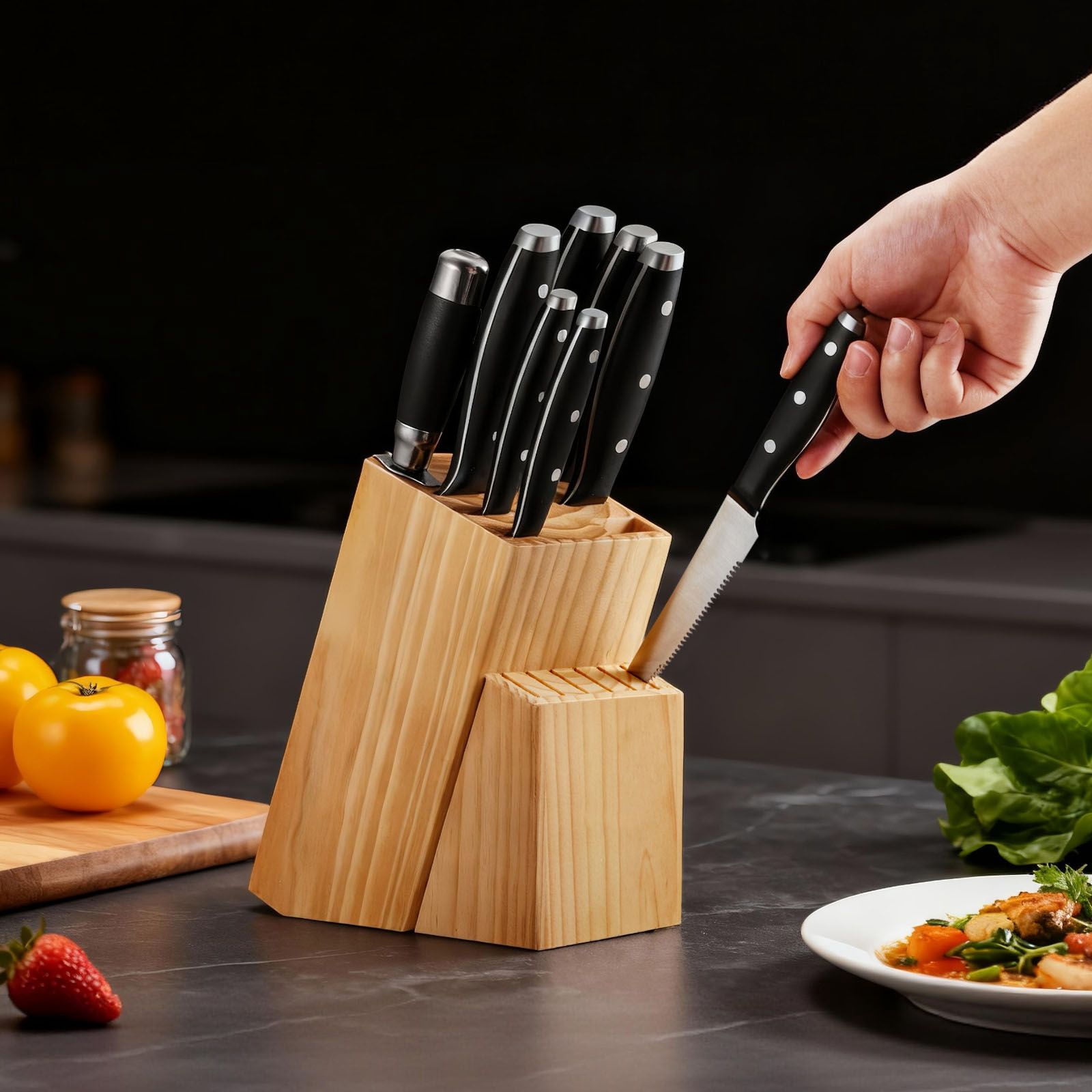 15-Piece Kitchen Knife Set with Wooden Block, 3CR13 High-Carbon Steel, Laser-Sharpened, Ergonomic Handles, Dishwasher Safe for Home Cooking