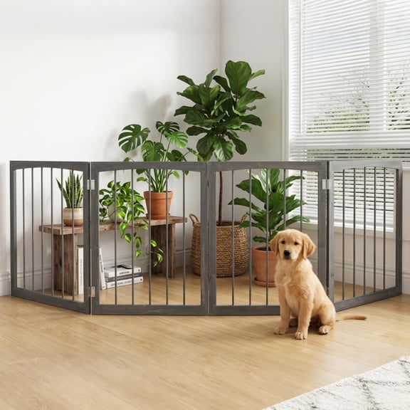 83 Inch Foldable Wooden Dog Gate 4 Panel Freestanding Pet Fence Barrier Gray