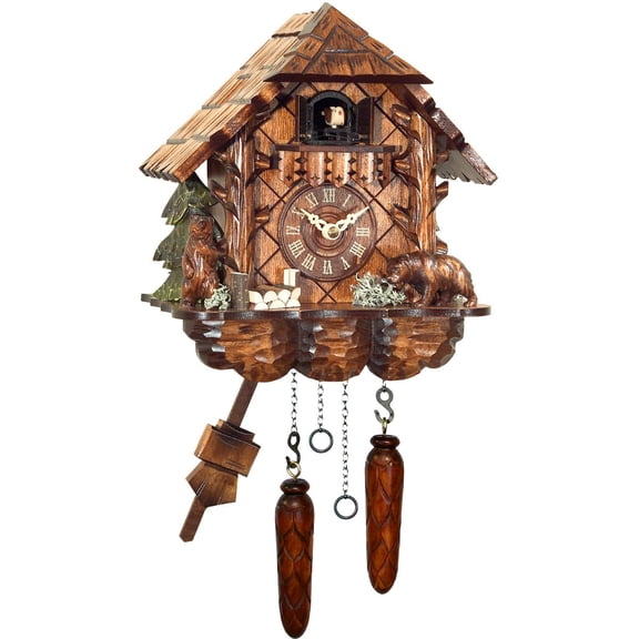 Alexander Taron 9.75" Engstler Battery-Operated Carved Bears Full Size Cuckoo Wall Clock
