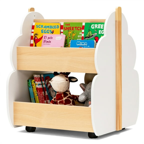 Costway Kids Wooden Bookshelf with Wheels 2-Tier Double-Sided Toy Storage Shelf