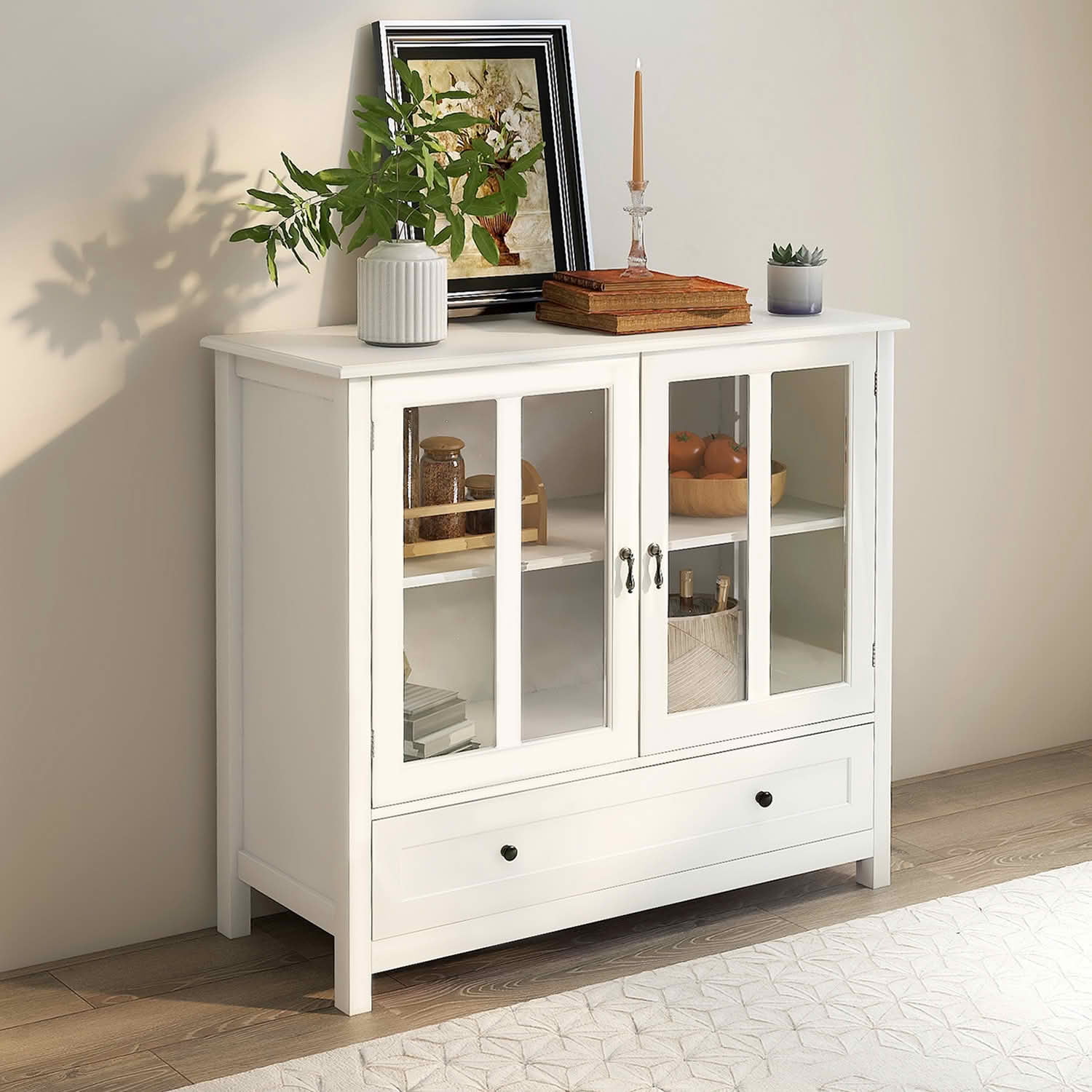 MAYEERTY Buffet Storage Cabinet, Double Glass Doors with Unique Bell Handle