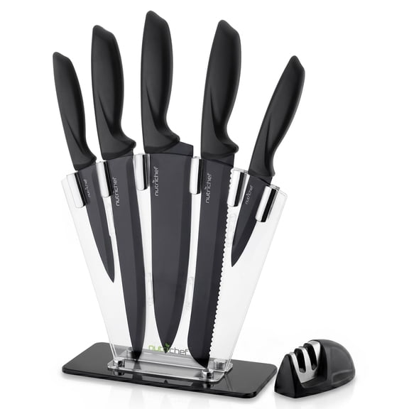 NutriChef 7 Piece Stainless Steel Knives Set with Block Stand and Sharpener