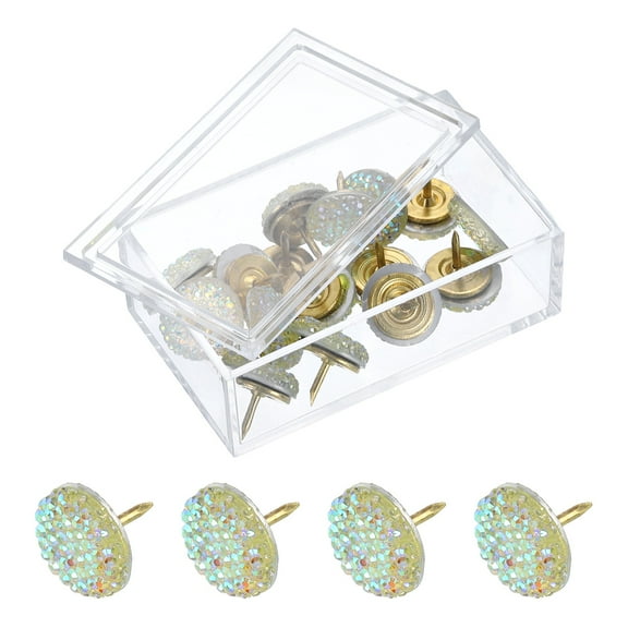 15Pack Rhinestone Push Pins, 14mmx14mm Shiny Diamond Decorative Thumb Tacks Upholstery Tacks for Cork Board Bulletin Board Wall Hangings, Clear/Gold