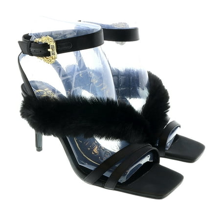 

Versace Jeans Couture Baroque Buckle Faux Fur Black Heeled Sandals-7 for womens