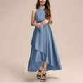 thumbnail image 2 of Girl's Satin Gowns, Long Flowy Dresses Asymmetrical Ruffles Hem, Sleveless Party Performance Gowns A-Line Maxi Dresses Kids Pleated Dress Light Blue 4-5Y, 2 of 5