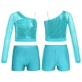 thumbnail image 5 of Doomiva Kids Girls Hip Hop Jazz Dance Outfits Sequins Mesh Long Sleeve One Shoulder Crop Top and Booty Shorts Set Light Blue 6, 5 of 6