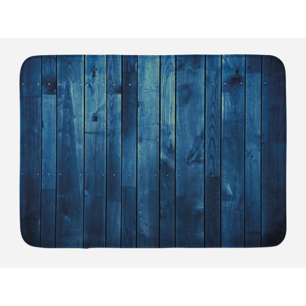 Dark Blue Bath Mat, Wooden Planks Texture Image Board Floor Wall Lumber