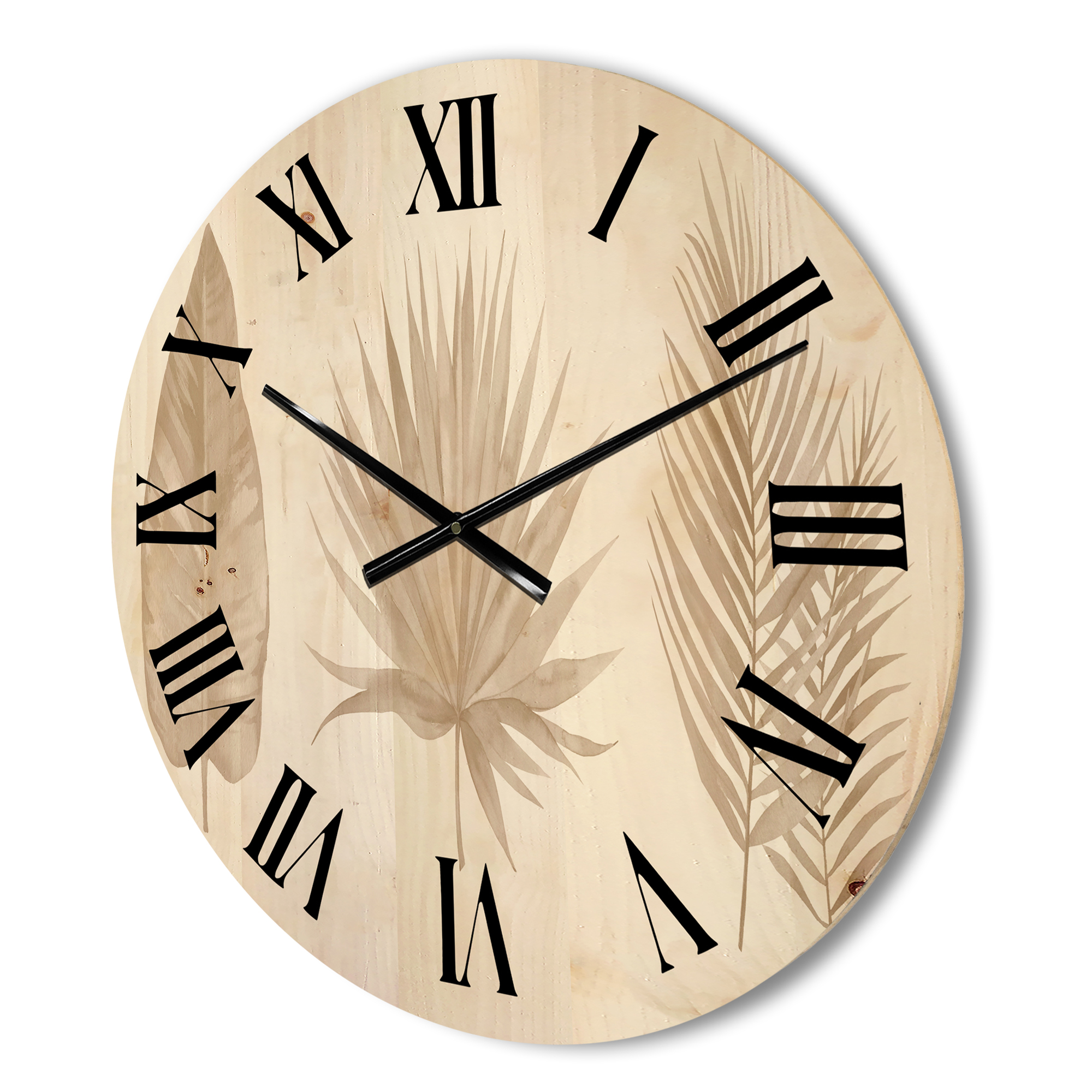 Designart 'Tropical Beiges Leaves On White' Traditional Wood Wall Clock