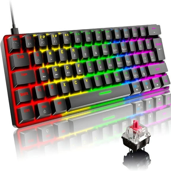 GJX Wired Gaming Keyboard 60% True Mechanical Keyboard Mini Portable 62 Keys 19 RGB Chroma LED Backlit Full Keys Anti-Ghosting for Gamers and Typists (Black/Red Switch)