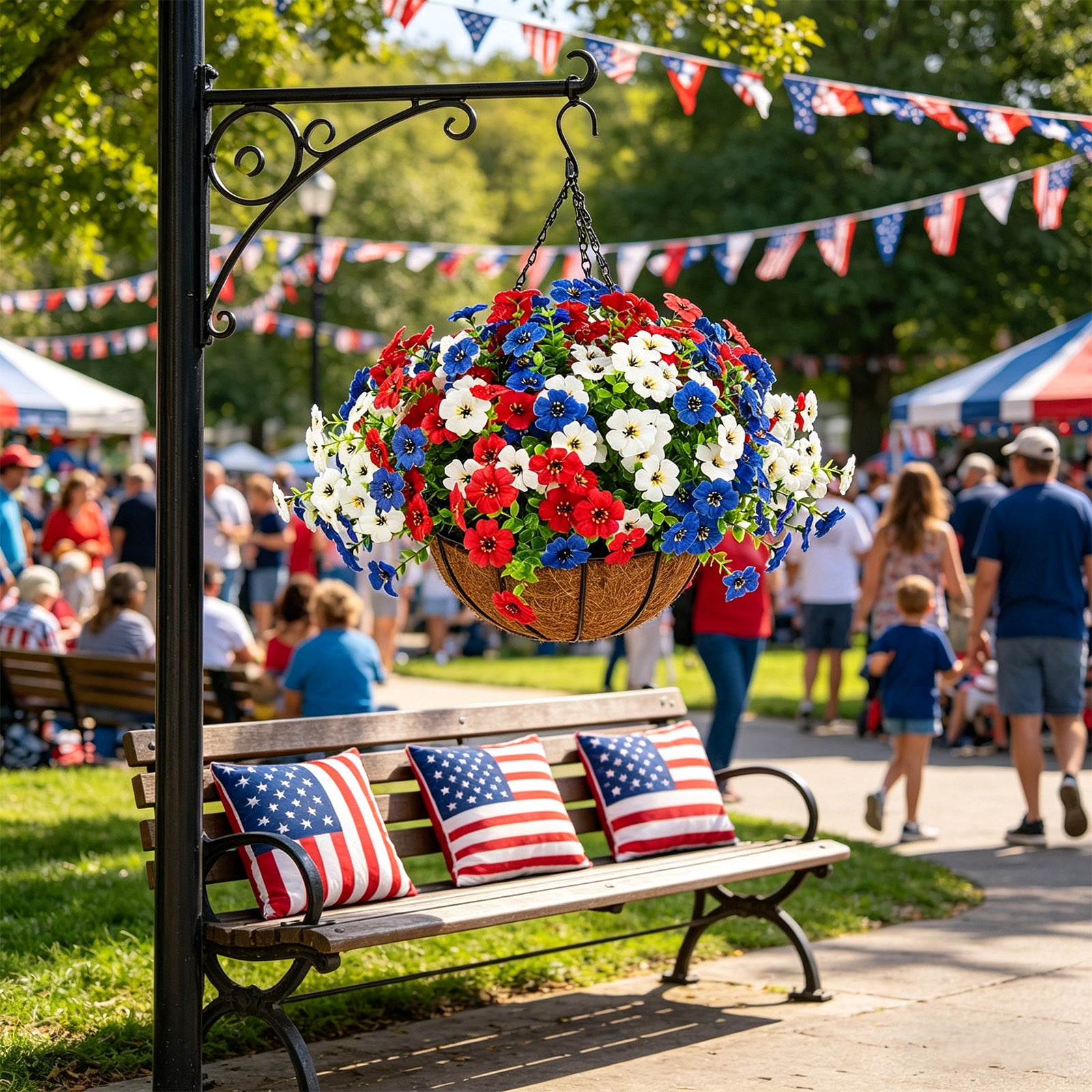LNOGEUPG Independence Day Artificial Outdoor Flowers with Hanging Basket, 1 Hanging Planters with 12 Pcs Patriotic Flowers for Summer Front Porch Patio 4th of July Decor (Red, White, Blue)