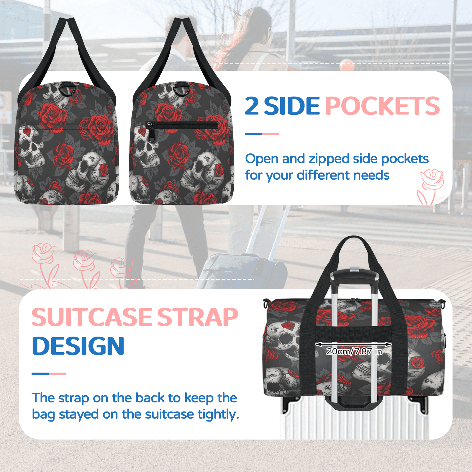 Herdesigns Skulls And Roses Gym Bag for Women, Duffle Bag for Travel Sport, Lightweight Waterproof Carry on Weekender Overnight Dance Yoga Workout Bags