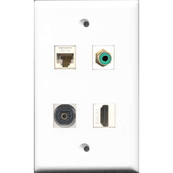 RiteAV 1 Port HDMI and 1 Port RCA Green and 1 Port Toslink and 1 Port Cat6 Ethernet White Wall Plate
