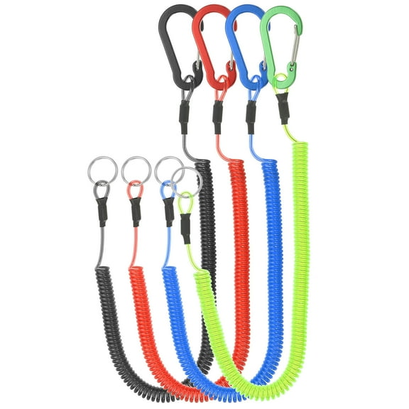 4pcs Retractable Spring Coil Straps, 6" Spiral Lanyard Cord with Aluminium Clip and Key Ring, Red,Blue,Green,Black