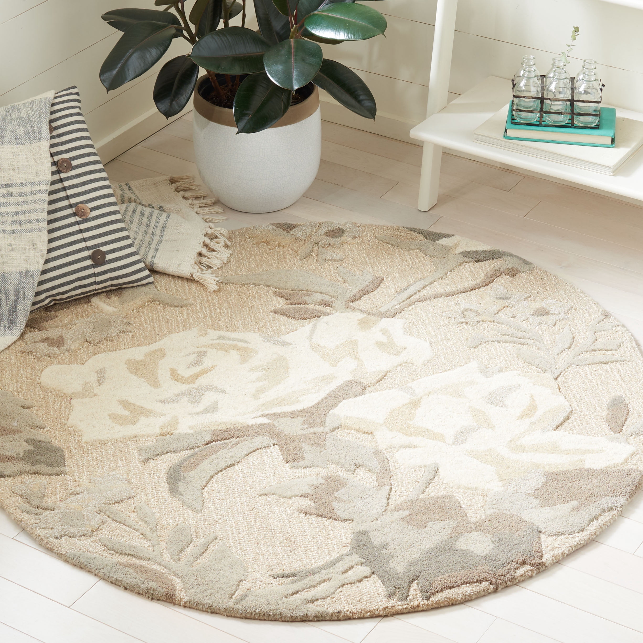 SAFAVIEH Martha Stewart Rose Chintz Floral Wool Area Rug, Bedford Grey, 4' x 4' Round