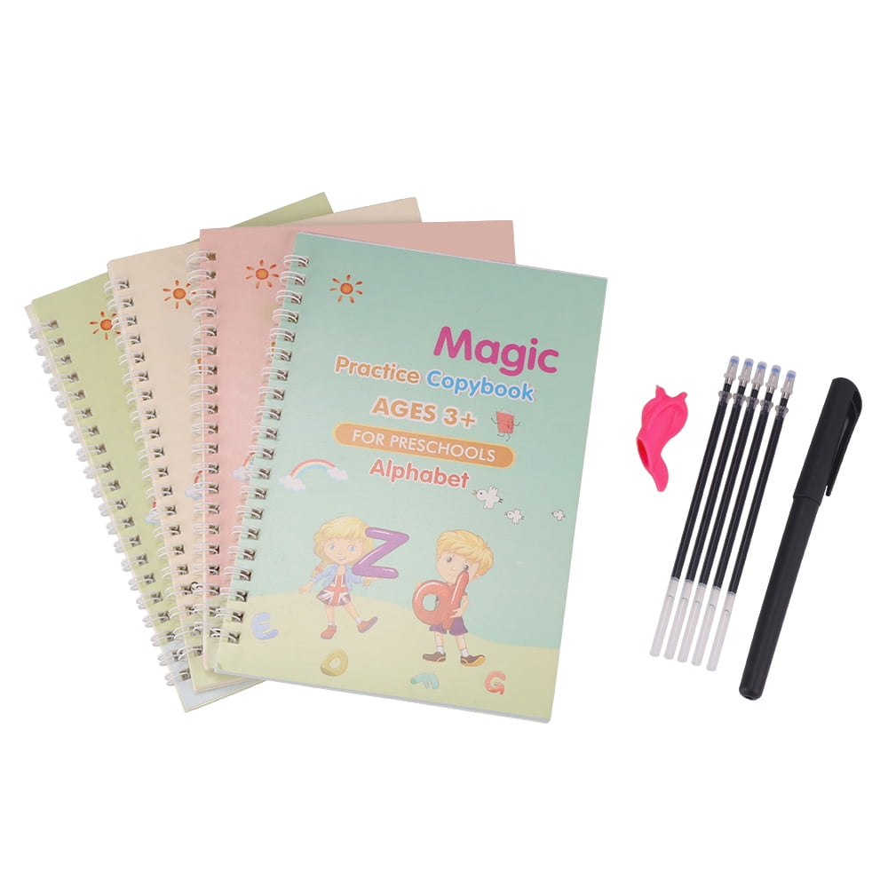Set A 4 Packs Reusable Copybook with Magical Pen,Magic Calligraphy Copybook Set,Sank Magic Practice Copybook,Number Tracing Bookfor Age 3-5
