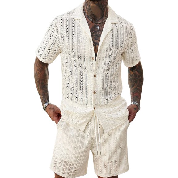 Men'S Camp Collar Jacquard Button Up Shirt and Drawstring Shorts Two Piece Outfit Color M