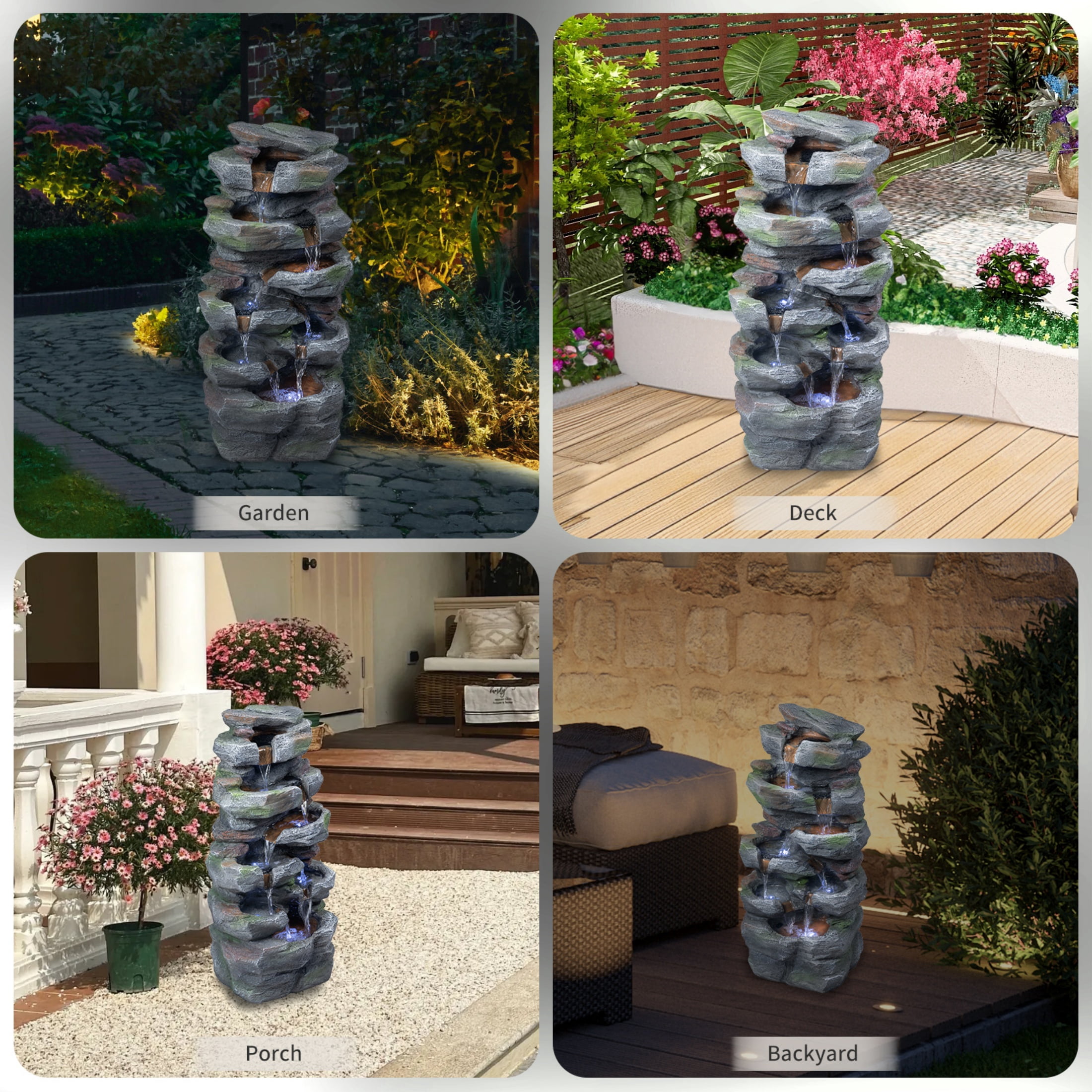 Nyddle Waterfall Fountain for Outdoor Gardens and Patio Backyards Includes Energy-Efficient LED Lights and Easy Setup for Instant Relaxation,Grey