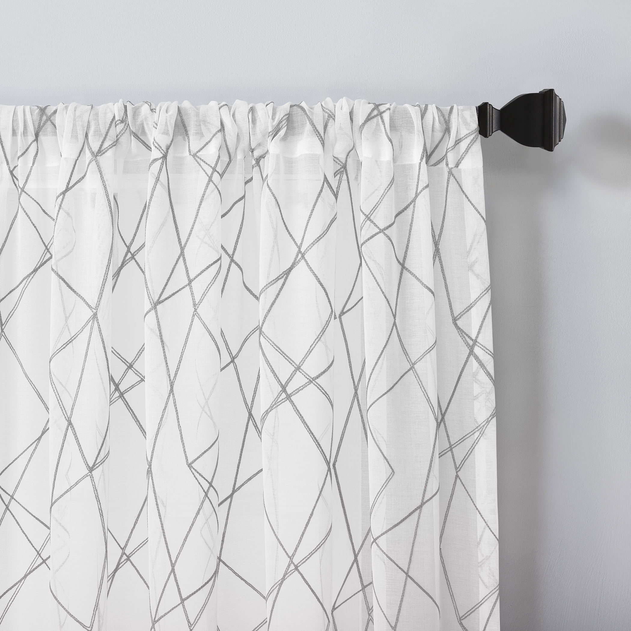 No. 918 Abstract Geometric Embroidery Semi-Sheer Rod Pocket Curtain Panel, 50" x 63", Gray