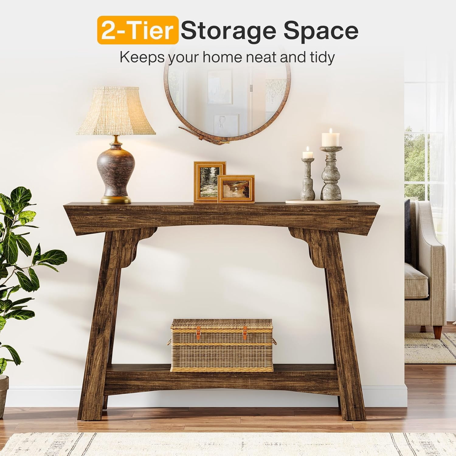 Tribesigns 41.3” Console Table, 2-Tier Narrow Entryway Table with Storage Shelf, Farmhouse Wood Sofa Table for Foyer, Hallway, Living Room, Rustic Brown